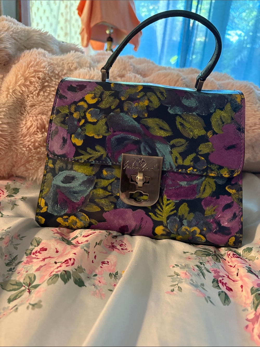 Patricia Nash Floral Painted Leather Top-Handle Bag in Black, Purple, Yellow